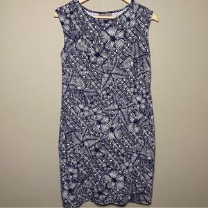 Chico’s Cap Sleeve Dress Medium Blue Tan Floral Tropical Resort Cruise Vacation